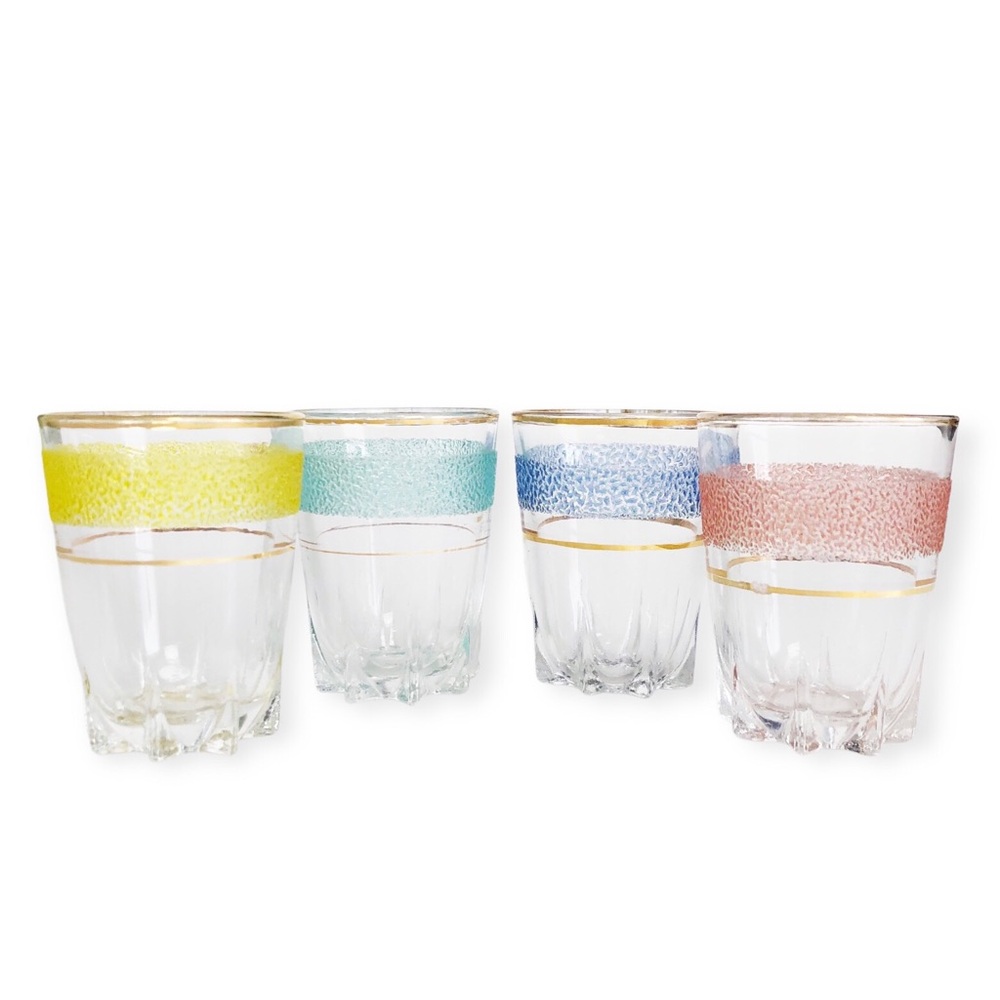 Vintage MCM Sugar Frosted Shot Glasses Liqueur Glasses Gold Rim Set of 4